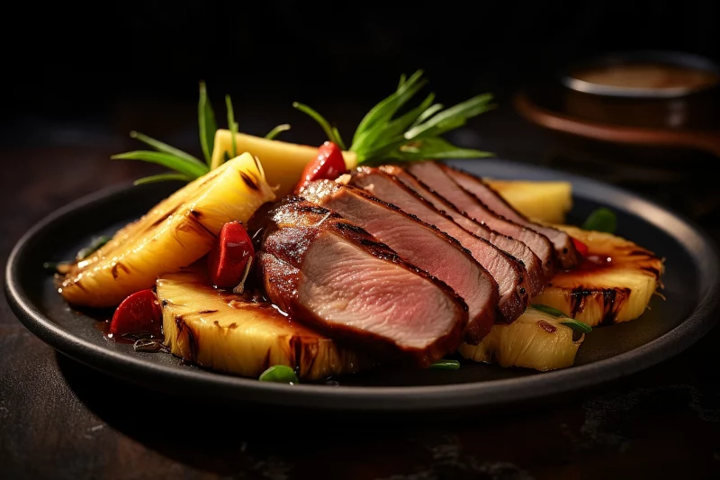Magret de canard rôti au caramel de poivre noir et ananas
