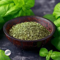 Basilic feuilles séchées Espagne avec bol